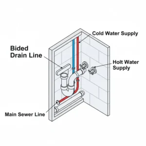 Diagram illustrating the typical bidet plumbing fixtures rough-in installation, showing the drain and water hookups.