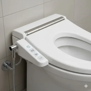 Close-up of a heavy-duty commercial bidet unit, highlighting the stainless steel nozzle and vandal-resistant design suitable for high-traffic public areas.