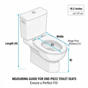 Diagram illustrating how to measure your bowl to ensure proper fit for a replacement toilet seat for one piece toilet.