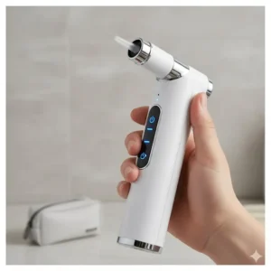 Close-up of a handheld cordless bidet nozzle, highlighting its ergonomic design for travel and personal hygiene.
