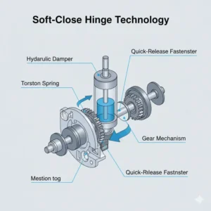 Close-up diagram of the soft-close toilet seat hinge mechanism, highlighting the damper technology that enables the slow, automatic closing feature.