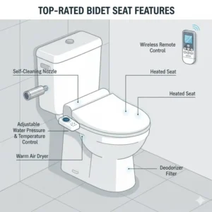 Close-up diagram illustrating the key features of a top-rated bidet seat, making it one of the best bidet seat 2024 options.