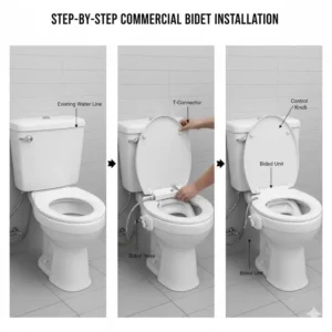 Step-by-step diagram showing the simple installation process of an attachable bidet for commercial toilet, highlighting plumbing connections.