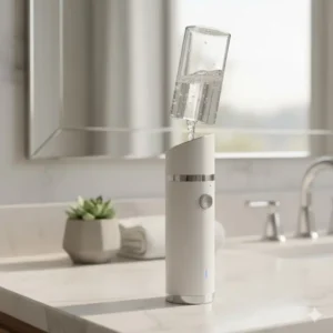 Hand holding the portable electric bidet correctly to show the ergonomic angle and spray nozzle alignment.