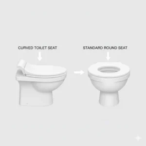 Diagram comparing the elongated shape of a curved toilet seat next to a standard round seat for shape illustration.