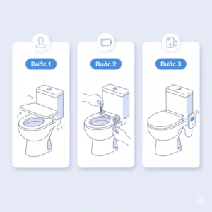 Diagram showing the simple, non-plumbing installation process of a cordless bidet seat attachment onto a standard toilet.