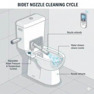 Animated illustration or diagram showing the self-cleaning nozzle cycle on one of the best bidet seat 2024 models for hygiene.