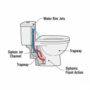 Internal diagram of a siphon jet bidet, demonstrating how the bidet plumbing fixtures create a siphonic flush action.