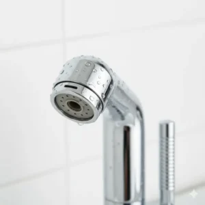Close-up of the adjustable pressure spray nozzle on the bidet toilet faucet head.