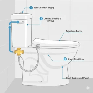 Diagram illustrating the simple, non-electric commercial bidet installation process, showing the T-valve connection to the water line.