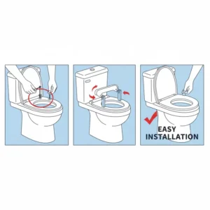3 (Illustration 2): Step-by-step image showing easy installation of the new auto closing toilet seat onto a standard toilet.