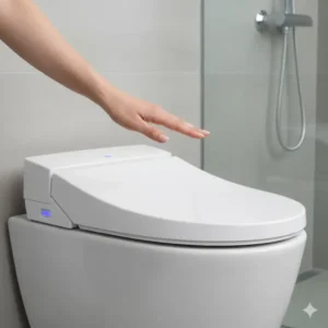 A person's hand lightly tapping the lid of an automatic closing toilet seat to initiate the quiet, hands-free descent.