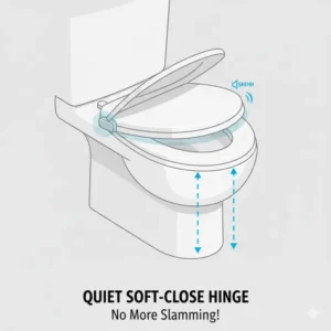 Illustration demonstrating the quiet, soft-close functionality of the new toilet seat for one piece toilet to prevent slamming.
