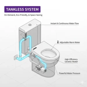 Graphic showing the efficient, eco-friendly tankless flushing system of the VOVO Stylement smart toilet, which provides consistent water pressure.