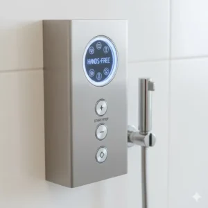 Close-up view of the antimicrobial spray nozzle and control panel for a bidet for commercial toilet, emphasizing hands-free operation and adjustable settings.