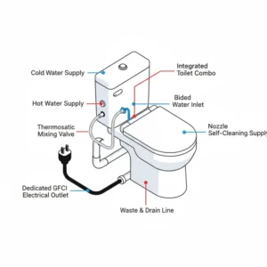 Plumbing layout for an integrated bidet toilet combo, detailing the necessary connections for the bidet plumbing fixtures.