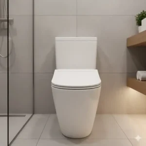 Modern bathroom with the automatic closing toilet seat lid down, illustrating improved hygiene and preventing germ spread.