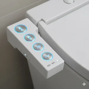 Detail of the touchless commercial bidet control panel with clear, intuitive buttons for spray settings and warm air drying.