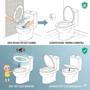 4 (Illustration 3): Quick-release feature demonstrated for easy cleaning access under the auto closing toilet seat and the toilet rim.