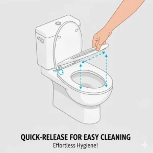 Image showing the simple quick-release mechanism, allowing easy removal of the toilet seat for one piece toilet for thorough cleaning.