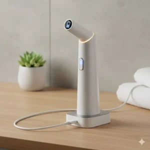 Image of a compact cordless bidet being charged via a USB cable, emphasizing its long-lasting, rechargeable battery.