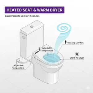A close-up view of the VOVO Stylement's comfort features, including the adjustable heated seat and integrated warm air dryer.