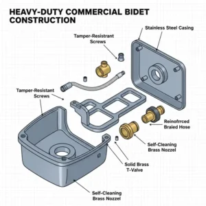 An exploded view of a bidet for commercial toilet unit, showcasing the stainless steel components and heavy-duty, tamper-resistant materials used for durability in high-traffic areas.