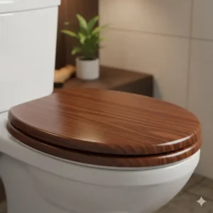 Image showcasing a dark oak, high-gloss finish on a wooden curved toilet seat.