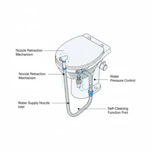 Detailed view of the bidet plumbing fixtures spray head assembly, showing the nozzle retraction and control components.
