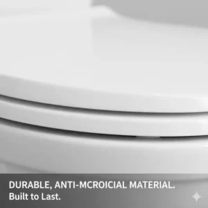 Close-up of the anti-microbial, durable plastic construction of the heavy-duty toilet seat for one piece toilet.
