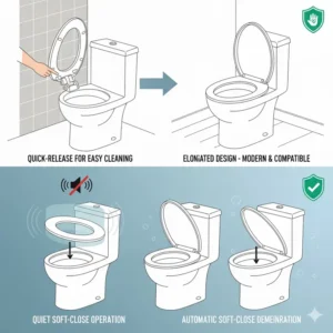 5 (Illustration 4): A sleek, elongated auto closing toilet seat design, showing its compatibility with a range of modern toilet bowls.