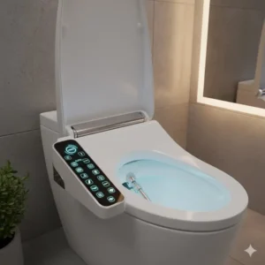 Photo of a high-end smart bidet seat with a lit-up control panel, representing the luxury side of the best bidet seat 2024 market.