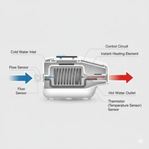 Cross-section showing the internal continuous instant water heating system of a reliable commercial bidet for uninterrupted warm water supply.