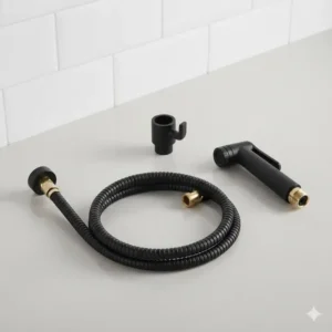 Modern matte black finish bidet toilet faucet kit with hose and wall mount.
