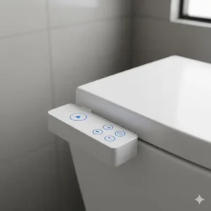 View of the easy-to-read control panel on a cordless bidet seat, illustrating adjustable water pressure and temperature.