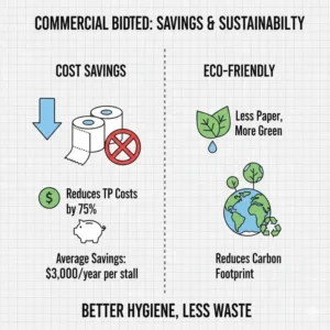 Infographic demonstrating the significant reduction in toilet paper consumption and cost savings achieved by using a bidet for commercial toilet facilities.