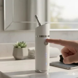 Compact portable electric bidet tucked inside a small drawstring travel pouch, demonstrating how easy it is to pack.