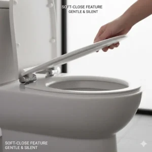 Animation demonstrating the smooth, soft-closing mechanism of a curved toilet seat lid.