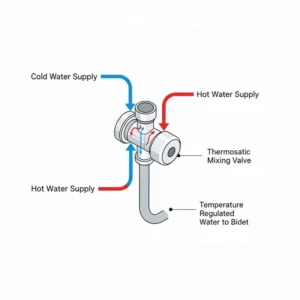 Illustration explaining the function of the bidet plumbing fixtures mixing valve, which controls and blends hot and cold water for a comfortable temperature.