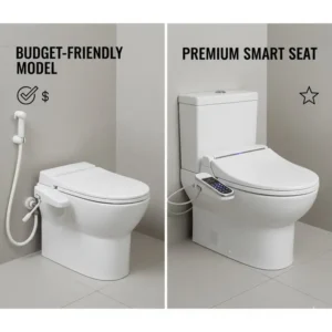 Side-by-side comparison of a budget-friendly bidet seat model next to a premium one to find the best bidet seat 2024 for any budget.