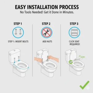 Step-by-step graphic showing the simple, no-tools installation of the new toilet seat for one piece toilet hardware.