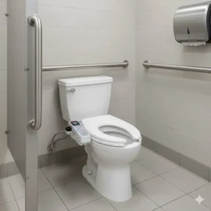 Image of an ADA-compliant restroom stall featuring an accessible commercial bidet unit with appropriate grab bars.