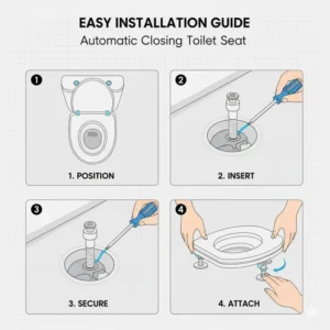 Step-by-step diagram showing the easy installation process for an automatic closing toilet seat with quick-release fasteners.