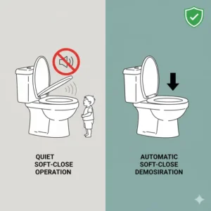 6 (Illustration 5): Illustration of a sound wave being dampened, emphasizing the quiet operation of the auto closing toilet seat lid.