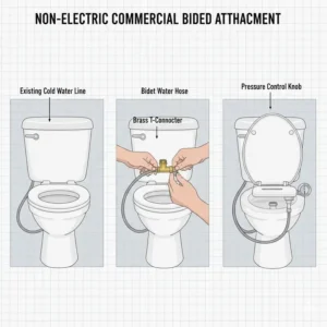 A picture of a non-electric, mechanical bidet for commercial toilet applications, ideal for maximizing hygiene without requiring electrical hookups.