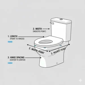 Infographic showing the key measurement points required for replacing a curved toilet seat.