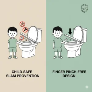 7 (Illustration 6): An illustration showing a child protected from pinched fingers due to the slow, safe closing of the auto closing toilet seat.