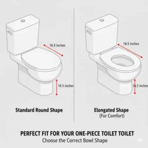 Profile view comparing a standard round and an elongated toilet seat for one piece toilet designed specifically for a compatible model.