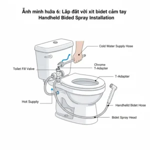 Step-by-step installation image of a handheld bidet sprayer's connection to the toilet's water supply line, showing the bidet plumbing fixtures.