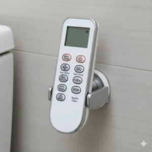 A photo focusing on the user-friendly wireless remote control for a heated bidet seat, a common feature among the best bidet seat 2025 choices.